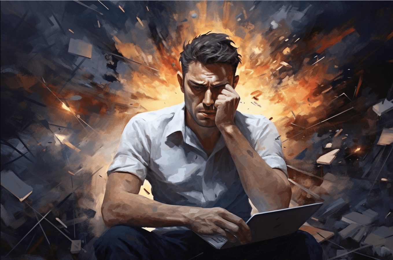A really stressed man with AI generation tool.