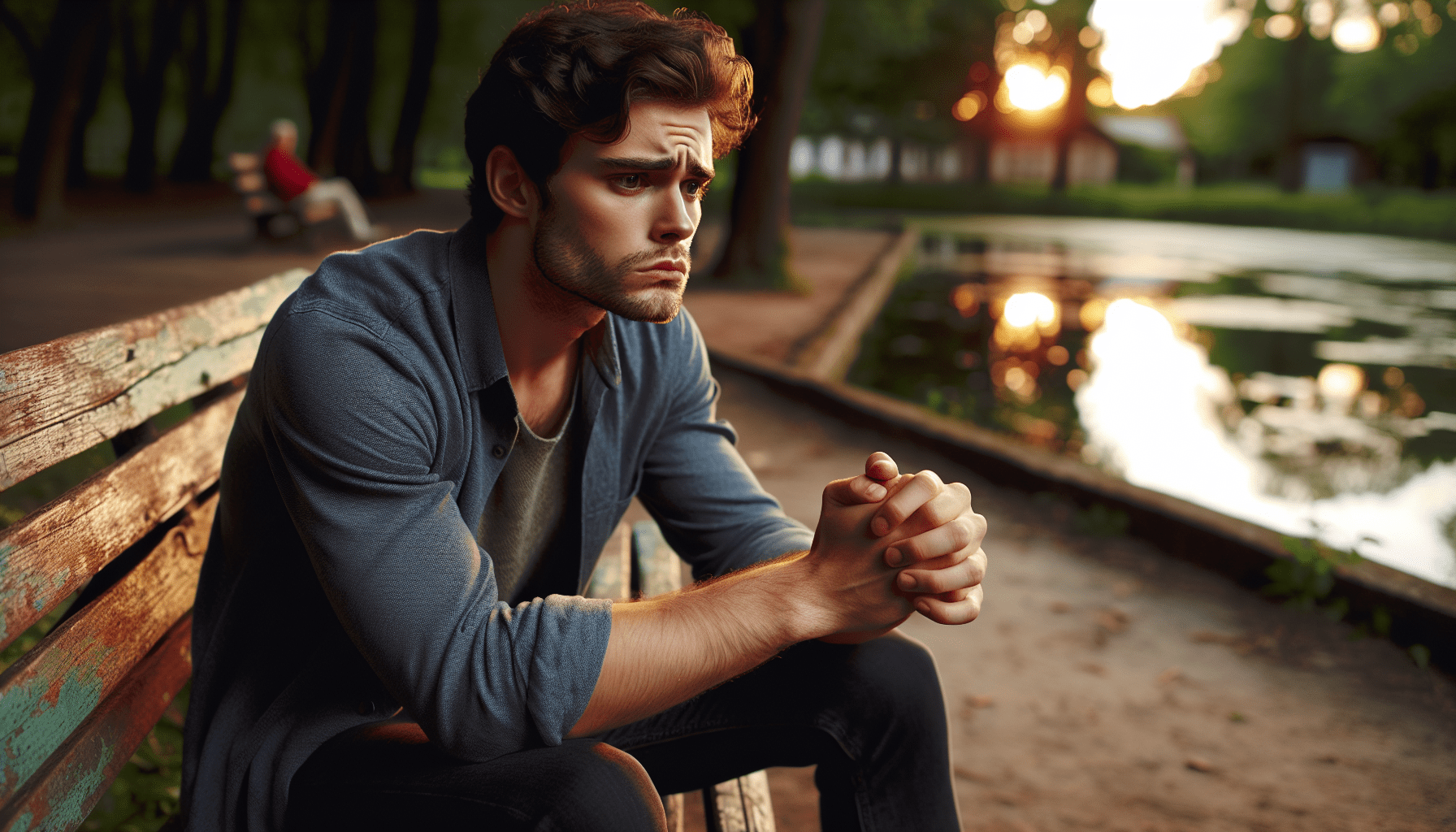 Young man looking concerned while sitting on a bench