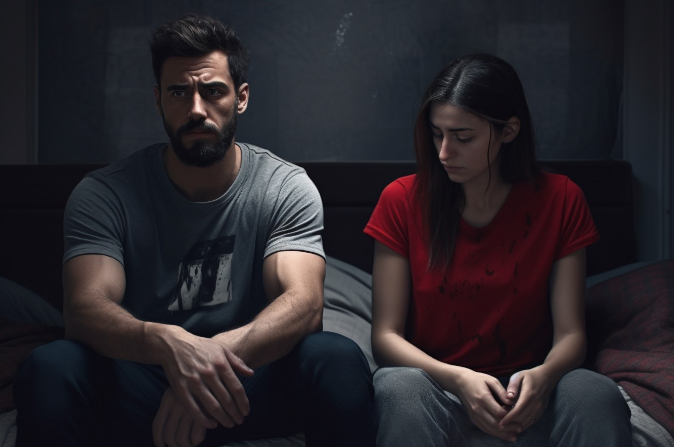 A sad couple whom suffer from low testosterone problems and low quality sexual activity.